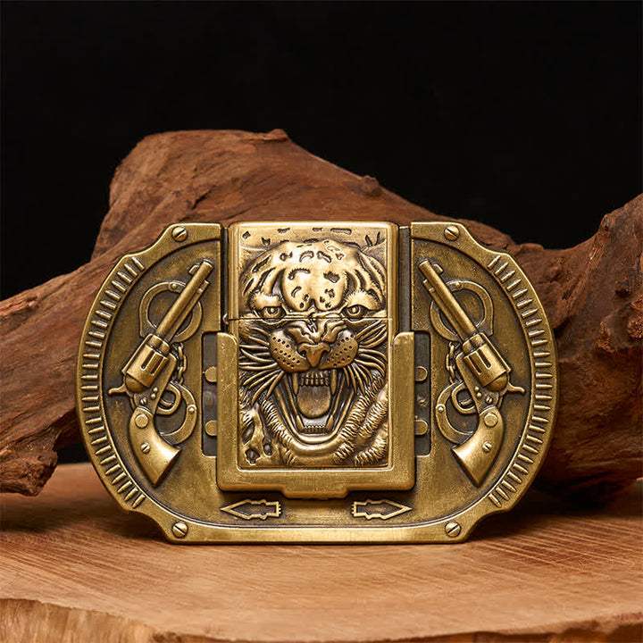 Cinturón de piel de tigre de bronce para hombre con encendedor oculto