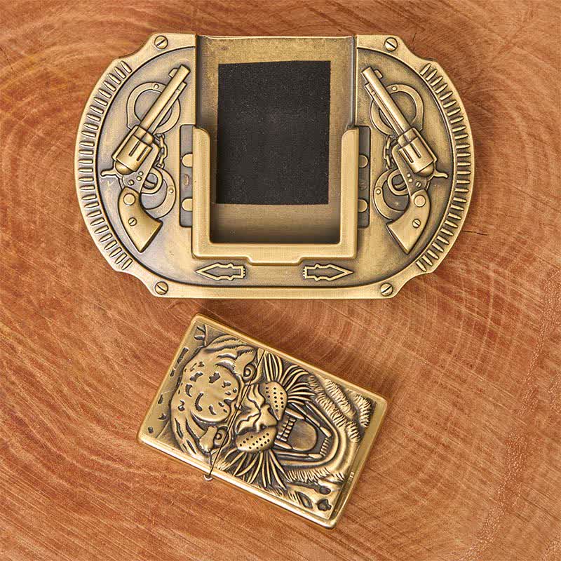 Cinturón de piel de tigre de bronce para hombre con encendedor oculto