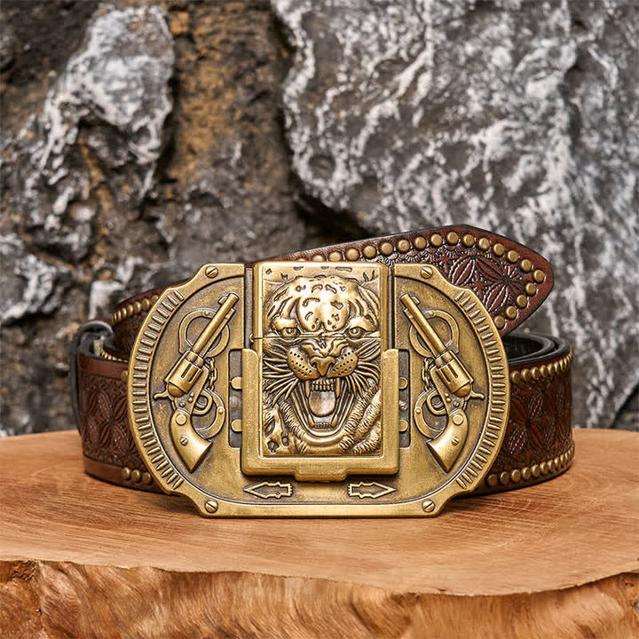 Cinturón de piel de tigre de bronce para hombre con encendedor oculto
