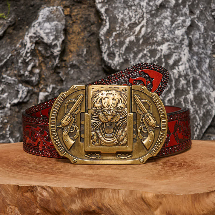 Cinturón de piel de tigre de bronce para hombre con encendedor oculto