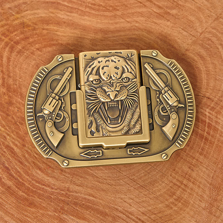 Cinturón de piel de tigre de bronce para hombre con encendedor oculto