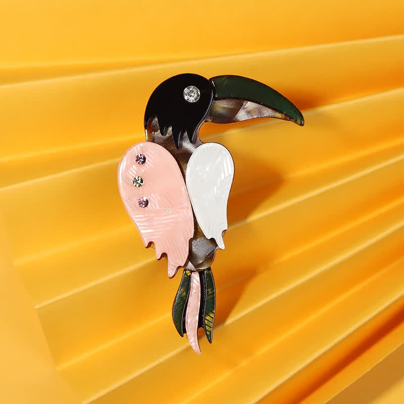 Broche de acrílico hecho a mano con forma de pájaro carpintero de dibujos animados - Negro y rosa - image 1