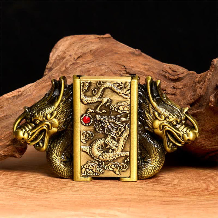 Cinturón de cuero con doble dragón de bronce para hombre, hecho a mano, con encendido oculto