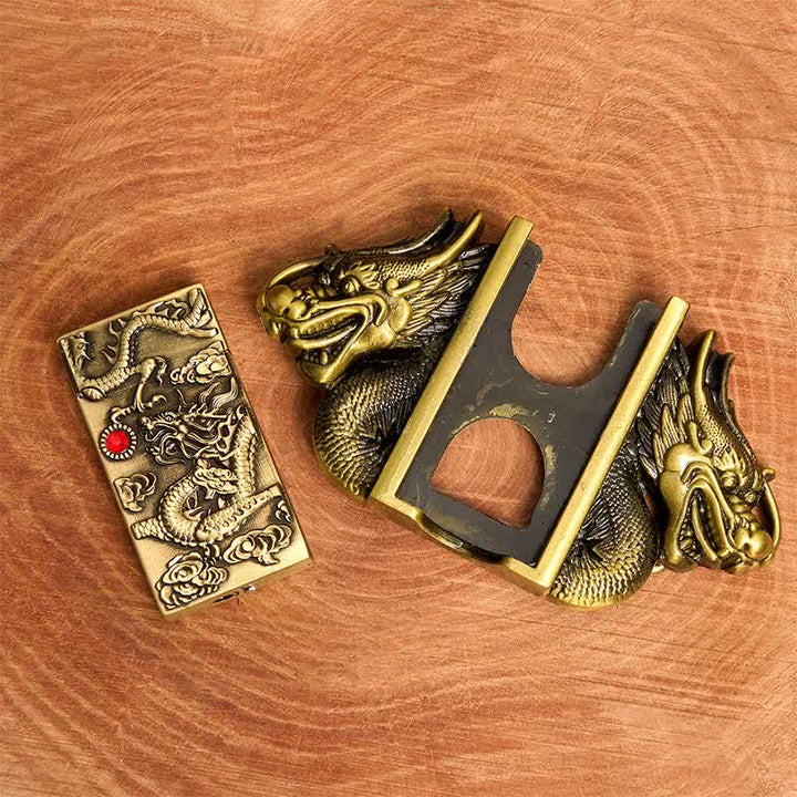 Cinturón de cuero con doble dragón de bronce para hombre, hecho a mano, con encendido oculto