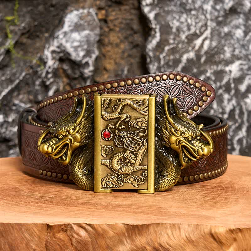 Cinturón de cuero con doble dragón de bronce para hombre, hecho a mano, con encendido oculto