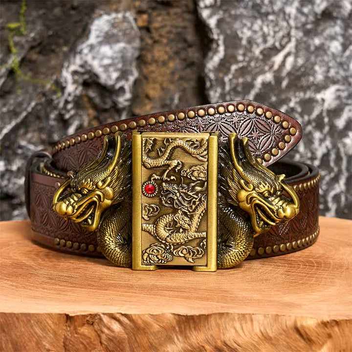 Cinturón de cuero con doble dragón de bronce para hombre, hecho a mano, con encendido oculto