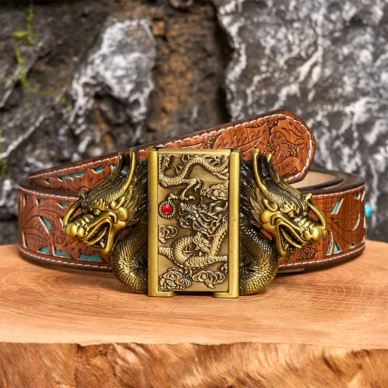 Cinturón de cuero con doble dragón de bronce para hombre, hecho a mano, con encendido oculto