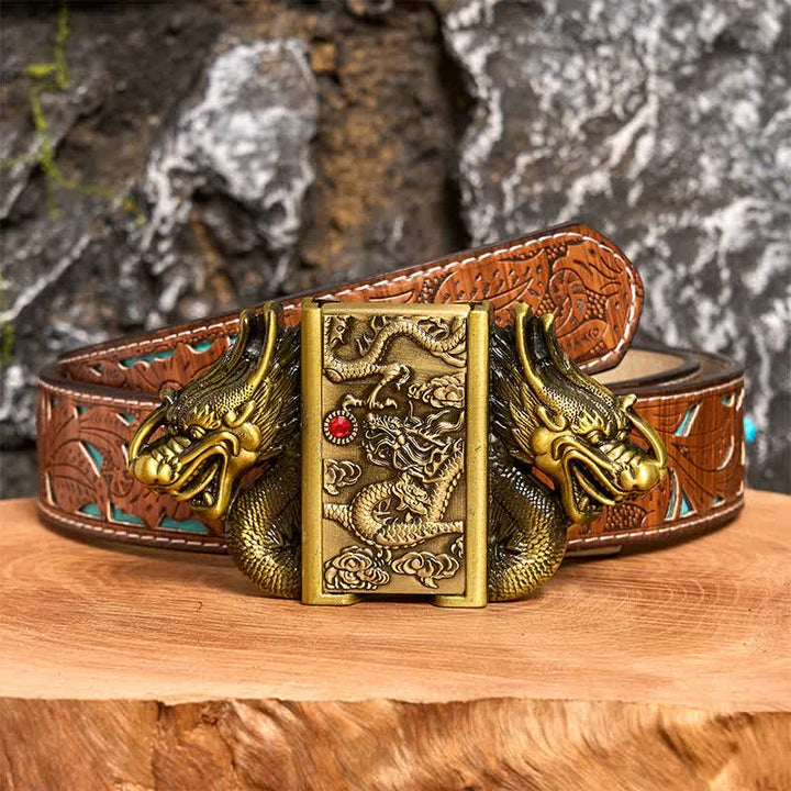Cinturón de cuero con doble dragón de bronce para hombre, hecho a mano, con encendido oculto