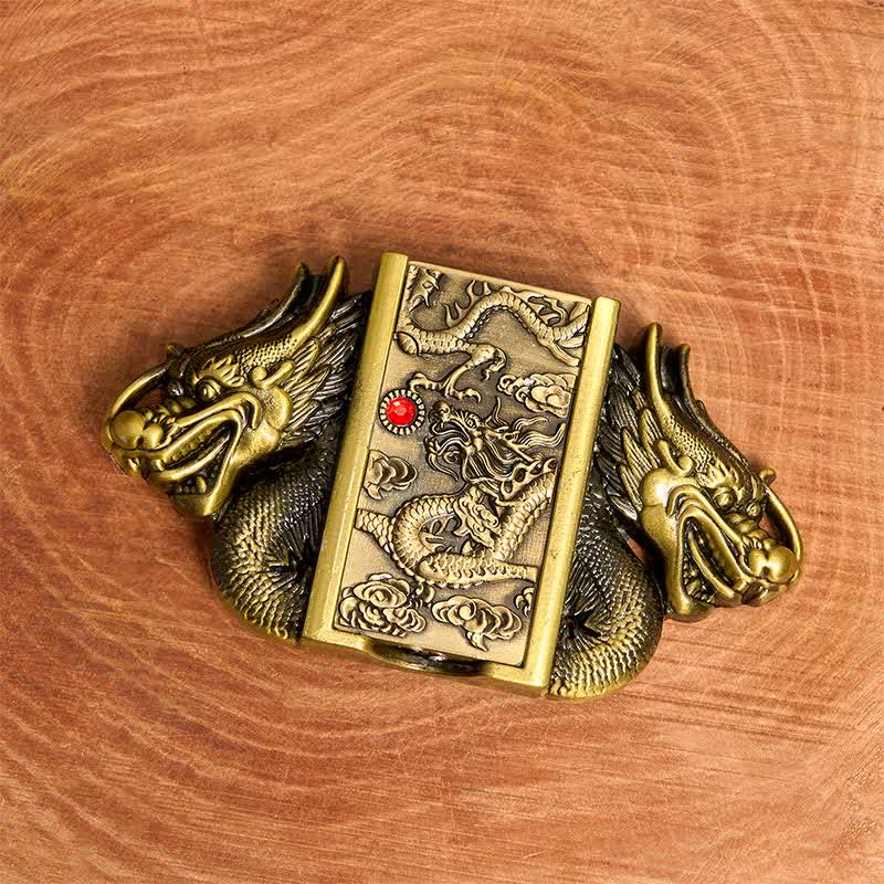 Cinturón de cuero con doble dragón de bronce para hombre, hecho a mano, con encendido oculto