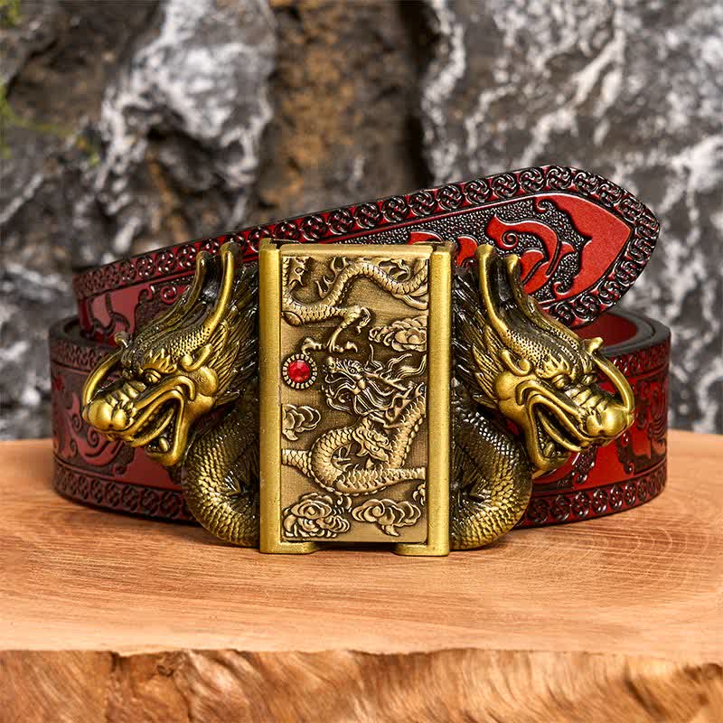 Cinturón de cuero con doble dragón de bronce para hombre, hecho a mano, con encendido oculto