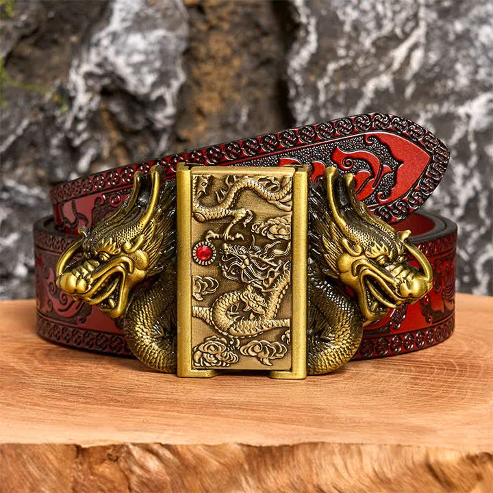 Cinturón de cuero con doble dragón de bronce para hombre, hecho a mano, con encendido oculto