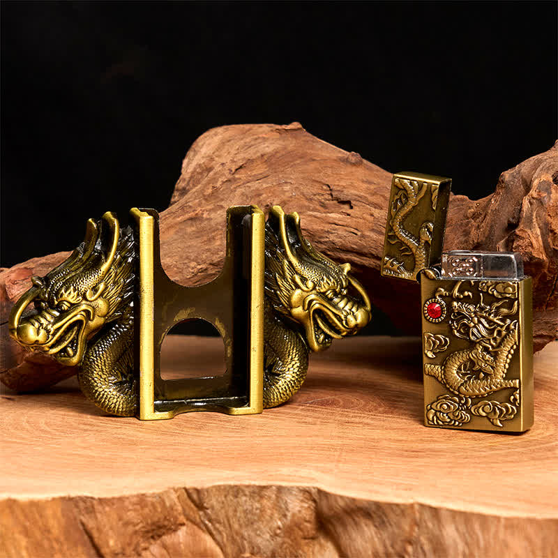 Cinturón de cuero con doble dragón de bronce para hombre, hecho a mano, con encendido oculto