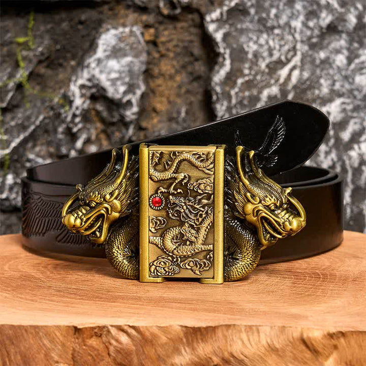 Cinturón de cuero con doble dragón de bronce para hombre, hecho a mano, con encendido oculto