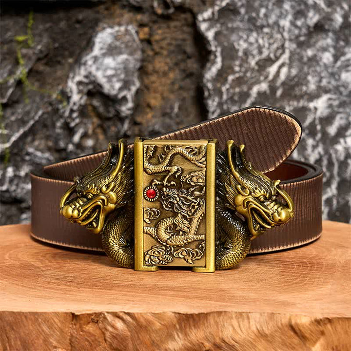 Cinturón de cuero con doble dragón de bronce para hombre, hecho a mano, con encendido oculto