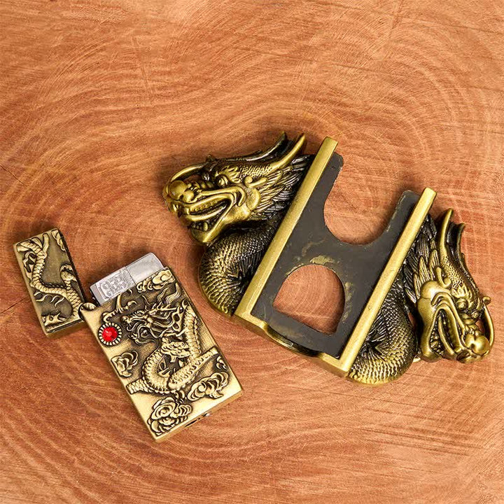 Cinturón de cuero con doble dragón de bronce para hombre, hecho a mano, con encendido oculto