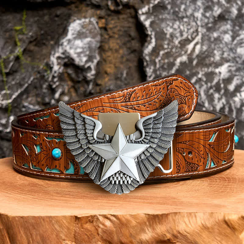 Cinturón de cuero con forma de estrella y alas de ángel para hombre con encendedor oculto