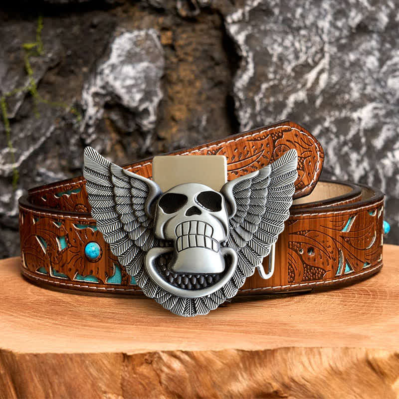 Cinturón de cuero con alas de ángel y calavera para hombre, con encendedor oculto, hecho a mano