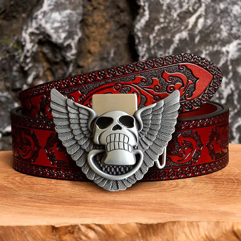Cinturón de cuero con alas de ángel y calavera para hombre, con encendedor oculto, hecho a mano