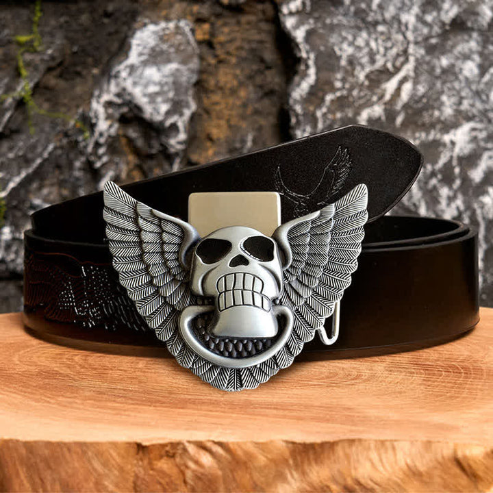 Cinturón de cuero con alas de ángel y calavera para hombre, con encendedor oculto, hecho a mano