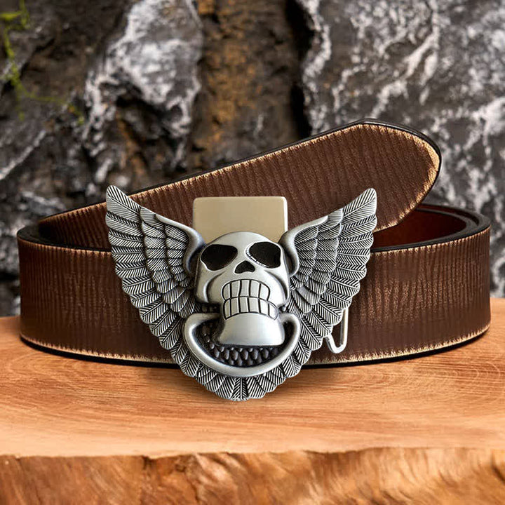 Cinturón de cuero con alas de ángel y calavera para hombre, con encendedor oculto, hecho a mano