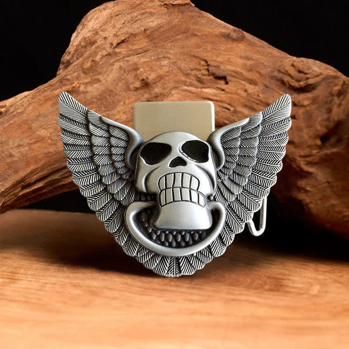 Cinturón de cuero con alas de ángel y calavera para hombre, con encendedor oculto, hecho a mano