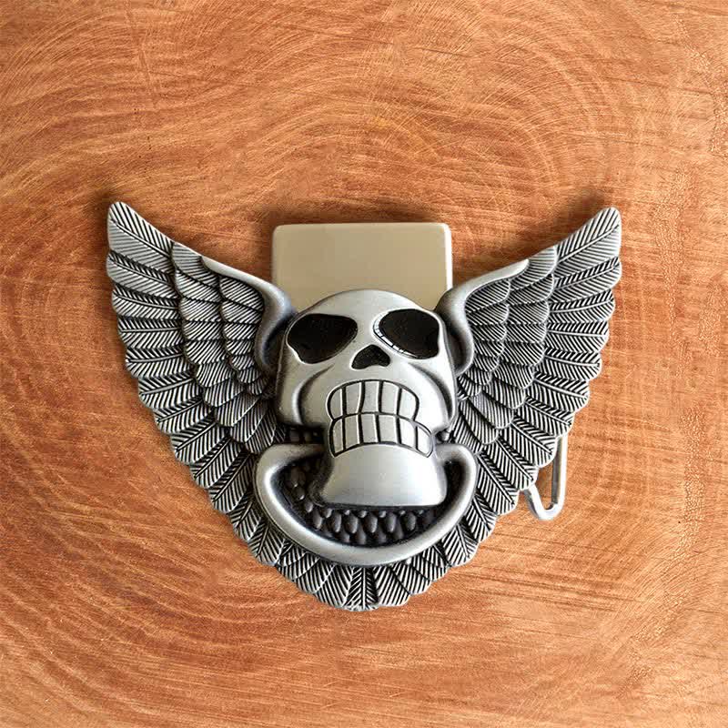 Cinturón de cuero con alas de ángel y calavera para hombre, con encendedor oculto, hecho a mano