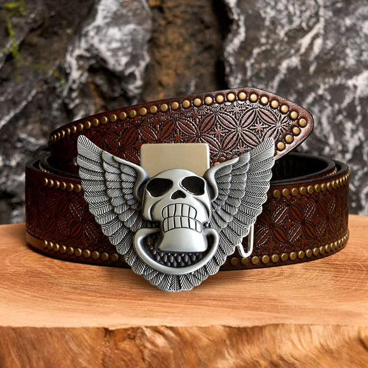 Cinturón de cuero con alas de ángel y calavera para hombre, con encendedor oculto, hecho a mano