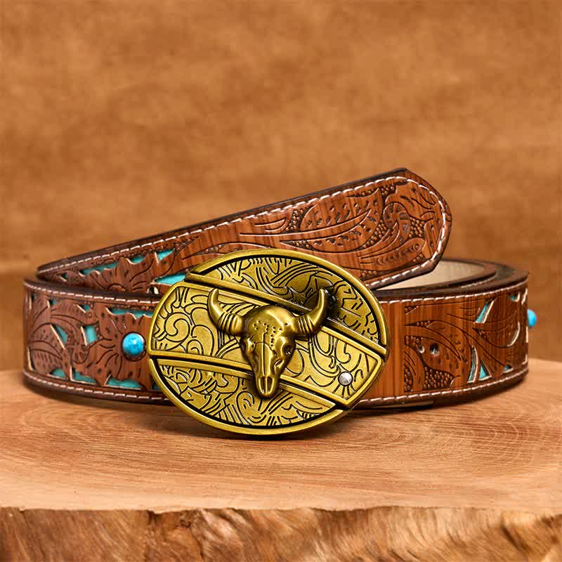Cinturón de cuero con cuchillo plegable oculto de bronce Longhorn Bull para hombre - Toro de cuernos largos - Cinturón tallado en turquesa - 42 - image 6
