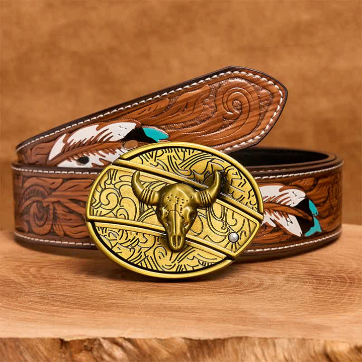 Cinturón de cuero con cuchillo plegable oculto de bronce Longhorn Bull para hombre - Toro de cuernos largos - Cinturón de plumas marrones - 40 - image 10