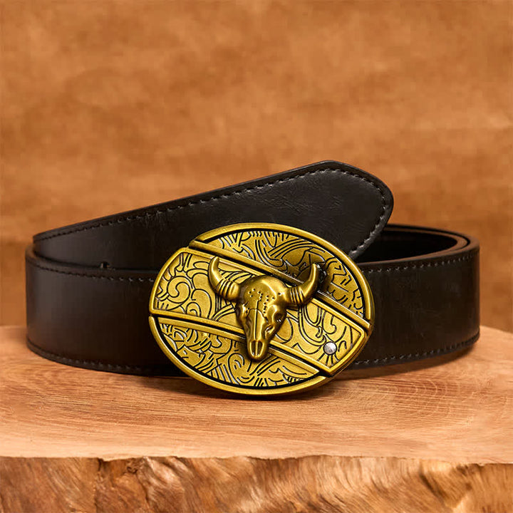 Cinturón de cuero con cuchillo plegable oculto de bronce Longhorn Bull para hombre - Toro de cuernos largos - Cinturón de PU negro - 42 - image 5
