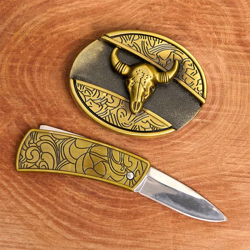 Cinturón de cuero con cuchillo plegable oculto de bronce Longhorn Bull para hombre - image 2