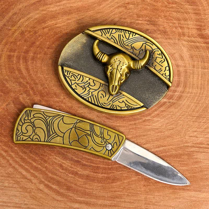 Cinturón de cuero con cuchillo plegable oculto de bronce Longhorn Bull para hombre - image 2
