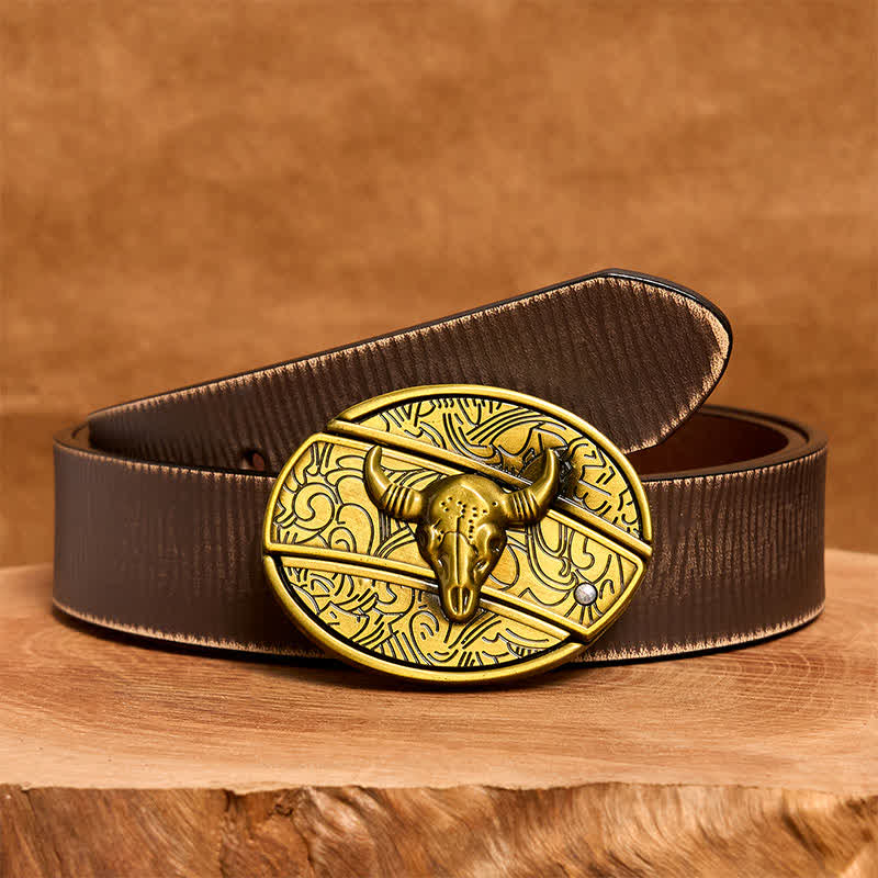 Cinturón de cuero con cuchillo plegable oculto de bronce Longhorn Bull para hombre - Toro de cuernos largos - Cinturón marrón desgastado - 42 - image 9