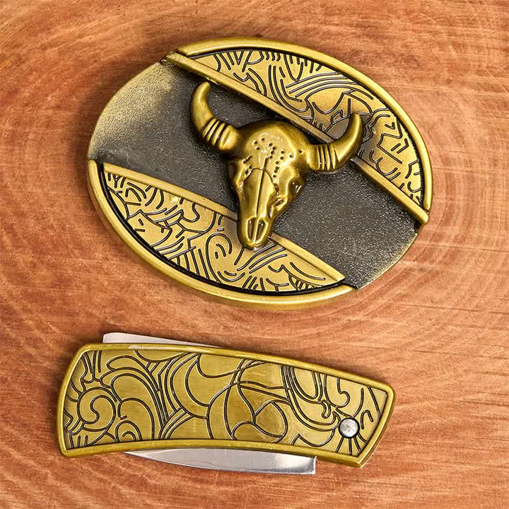 Cinturón de cuero con cuchillo plegable oculto de bronce Longhorn Bull para hombre - image 3
