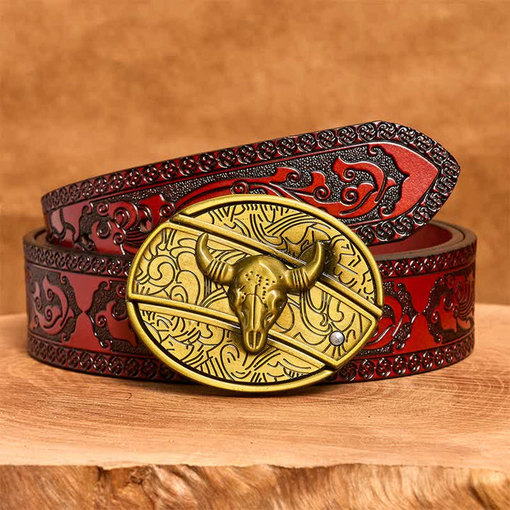 Cinturón de cuero con cuchillo plegable oculto de bronce Longhorn Bull para hombre - Toro de cuernos largos - Cinturón tallado marrón - 42 - image 8