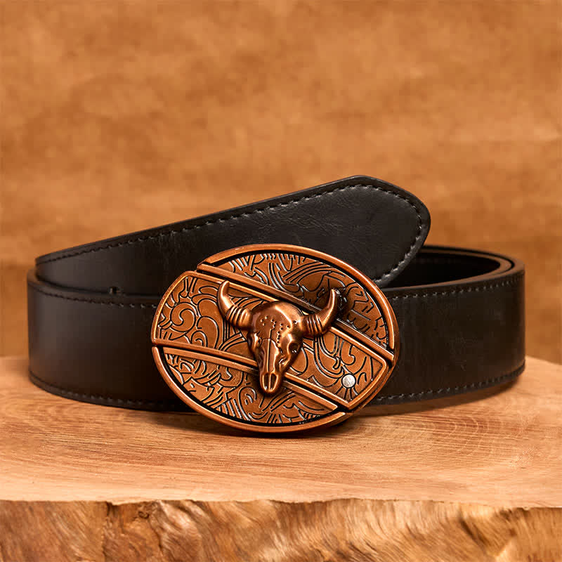 Cinturón de cuero con cuchillo plegable oculto de toro Longhorn de bronce rojo para hombre - Toro de cuernos largos - Cinturón de PU negro - 42 - image 5