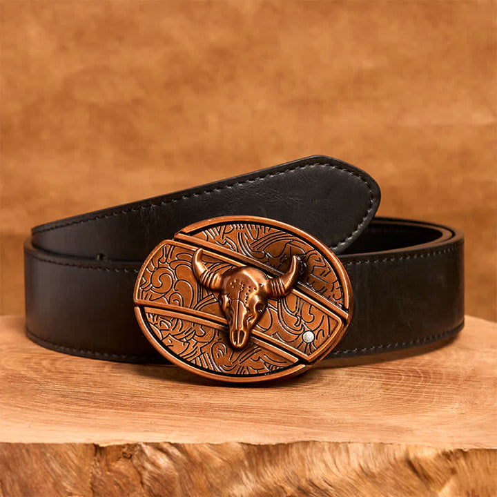 Cinturón de cuero con cuchillo plegable oculto de toro Longhorn de bronce rojo para hombre - Toro de cuernos largos - Cinturón de PU negro - 42 - image 5