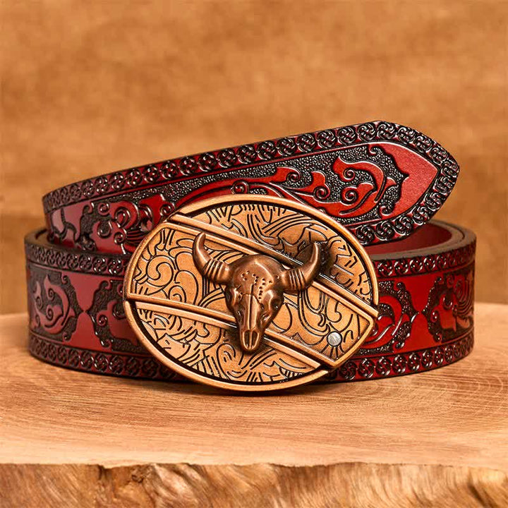 Cinturón de cuero con cuchillo plegable oculto de toro Longhorn de bronce rojo para hombre - Toro de cuernos largos - Cinturón tallado marrón - 42 - image 8
