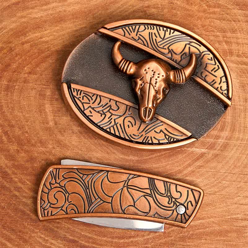 Cinturón de cuero con cuchillo plegable oculto de toro Longhorn de bronce rojo para hombre - image 4