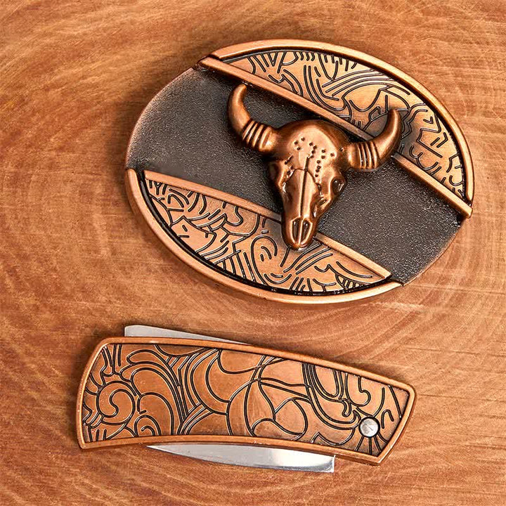 Cinturón de cuero con cuchillo plegable oculto de toro Longhorn de bronce rojo para hombre - image 4