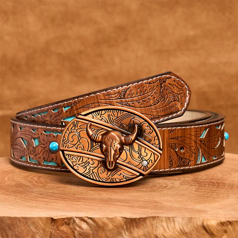 Cinturón de cuero con cuchillo plegable oculto de toro Longhorn de bronce rojo para hombre - Toro de cuernos largos - Cinturón tallado en turquesa - 42 - image 6