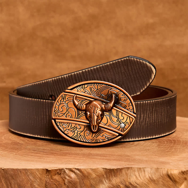 Cinturón de cuero con cuchillo plegable oculto de toro Longhorn de bronce rojo para hombre - Toro de cuernos largos - Cinturón marrón desgastado - 42 - image 9