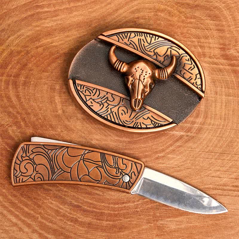 Cinturón de cuero con cuchillo plegable oculto de toro Longhorn de bronce rojo para hombre - image 2