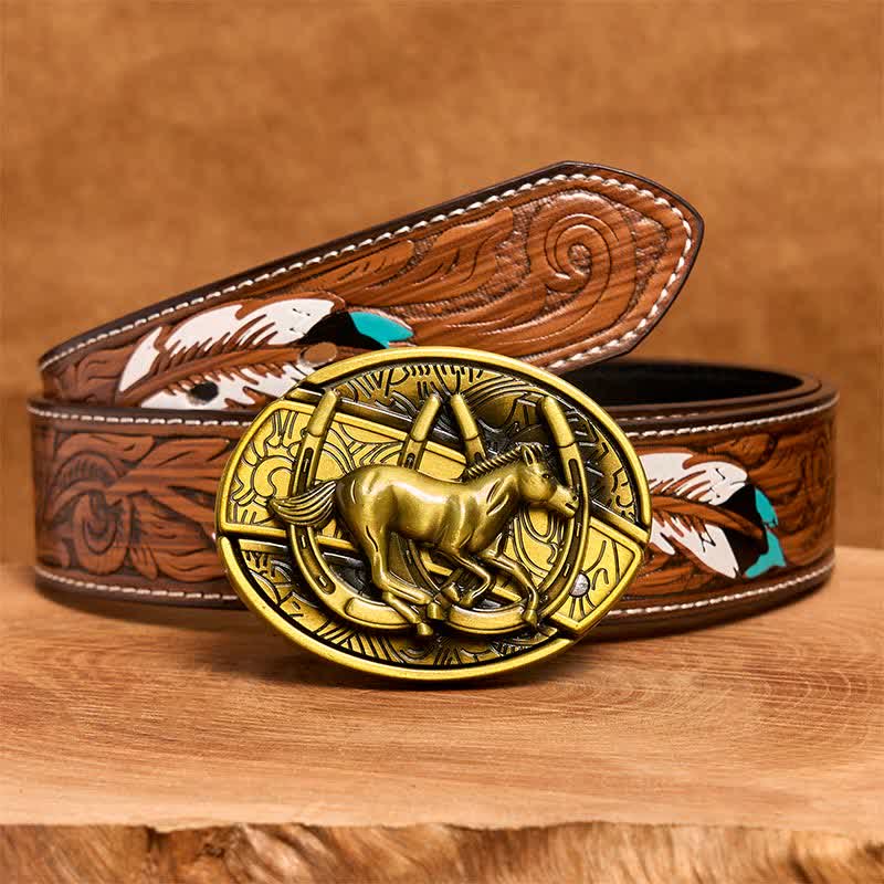 Cinturón de cuero con cuchillo plegable oculto de caballo al galope de bronce para hombre - Caballo al galope - Cinturón de plumas marrones - 40 - image 10