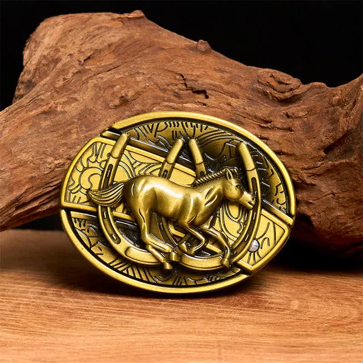 Cinturón de cuero con cuchillo plegable oculto de caballo al galope de bronce para hombre - Caballo al galope - Sin cinturón - Cinturón no incluido - image 1