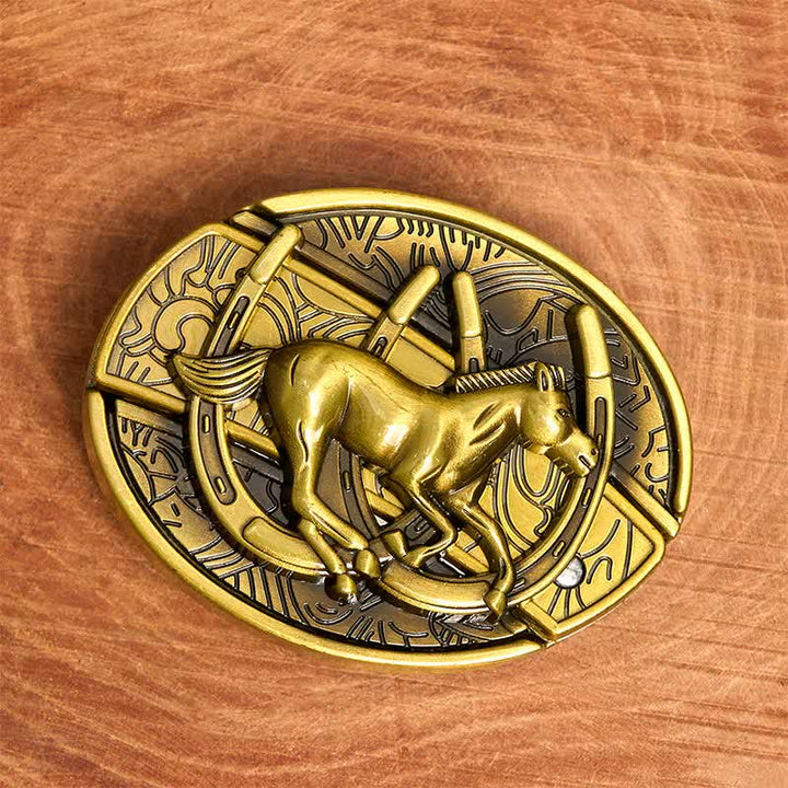 Cinturón de cuero con cuchillo plegable oculto de caballo al galope de bronce para hombre - image 3