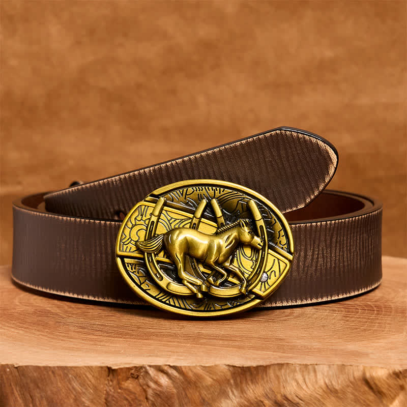 Cinturón de cuero con cuchillo plegable oculto de caballo al galope de bronce para hombre - Caballo al galope - Cinturón marrón desgastado - 42 - image 9