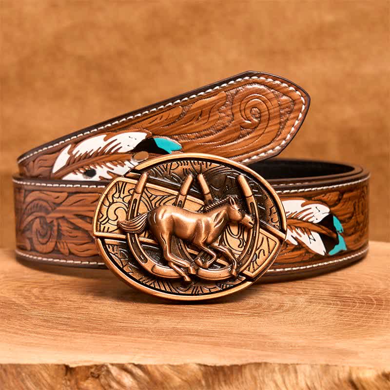 Cinturón de cuero con cuchillo plegable oculto de caballo al galope de bronce rojo para hombre - Caballo al galope - Cinturón de plumas marrones - 40 - image 10