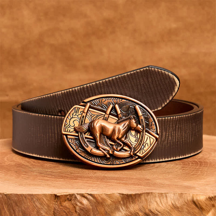 Cinturón de cuero con cuchillo plegable oculto de caballo al galope de bronce rojo para hombre - Caballo al galope - Cinturón marrón desgastado - 42 - image 9