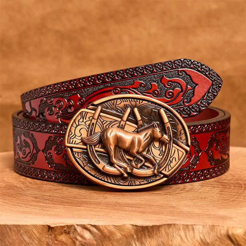 Cinturón de cuero con cuchillo plegable oculto de caballo al galope de bronce rojo para hombre - Caballo al galope - Cinturón tallado marrón - 42 - image 8